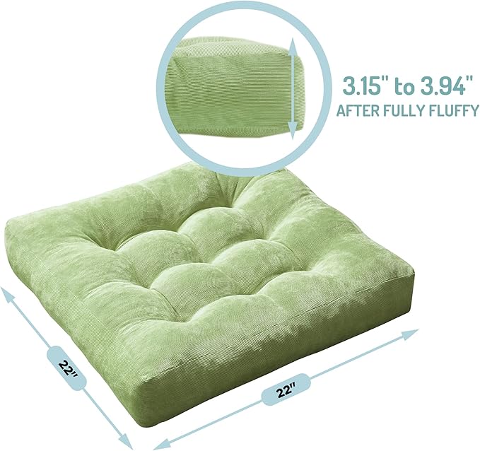 Degrees of Comfort Meditation Floor Pillow, Square Large Pillows Seating for Adults, Tufted Corduroy Cushion for Living Room Tatami, Green 22x22 Inch