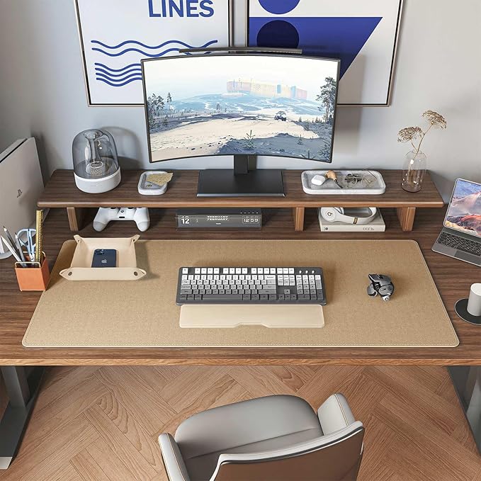 DAWNTREES Dual Sided Desk Mat,Leather Desk Pad,35.5"x17",Cork Desk Mat Protector,with PU Leather Valet Tray Organizer,Large Mouse Pad,Desk Writing Pad for Office and Home(Khaki)