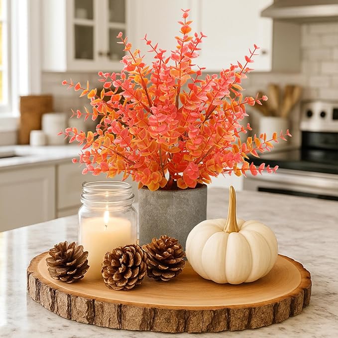2 Pack Fall Small Fake Plants 14" Eucalyptus Potted Artificial Plants Fall Decorations for Home Shelf Office Bathroom Desk Farmhouse Room Coffee Table Decor Fall Decor (Fall Orange-Large)