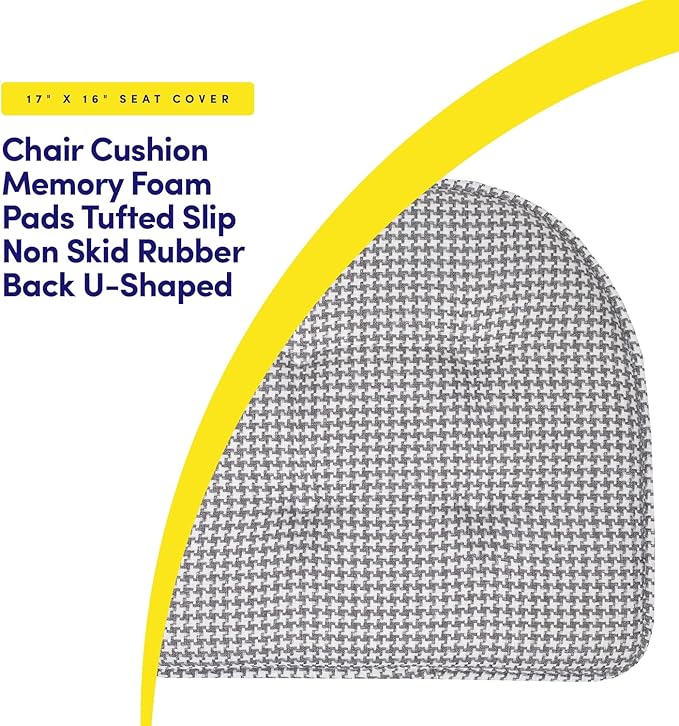 Sweet Home Collection Chair Cushion Memory Foam Pads Tufted Slip Non Skid Rubber Back U-Shaped 17" x 16" Seat Cover, 2 Count (Pack of 1), Houndsooth Gray
