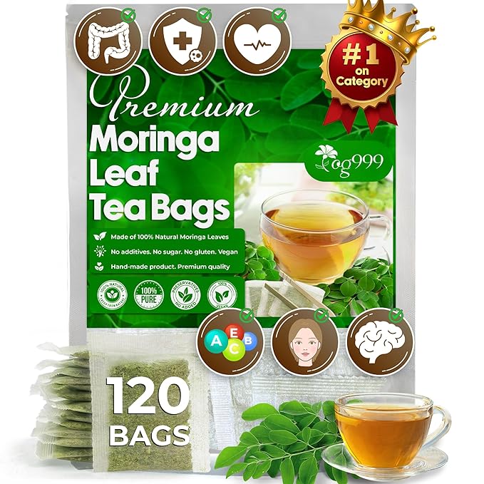 TOG999, Premium 120 Moringa Leaf Tea Bags, 100% Natural & Pure. Loose Leaf Moringa Herbal Tea. No Sugar, No Caffeine, No Gluten, Vegan.