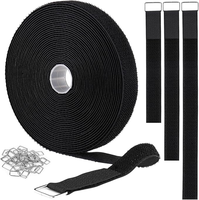 1"x64ft Hook and Loop Straps with 70 Metal Buckles, Adjustable Fastening Cable Straps, Cut-to-Length Cinch Strap, Reusable Nylon Securing Cord Ties for Organizer or Storage, 1 inch Wide, Black