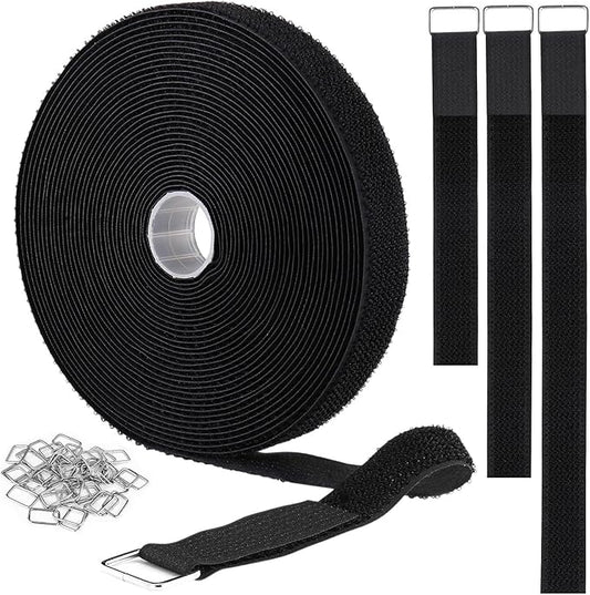 1"x64ft Hook and Loop Straps with 70 Metal Buckles, Adjustable Fastening Cable Straps, Cut-to-Length Cinch Strap, Reusable Nylon Securing Cord Ties for Organizer or Storage, 1 inch Wide, Black