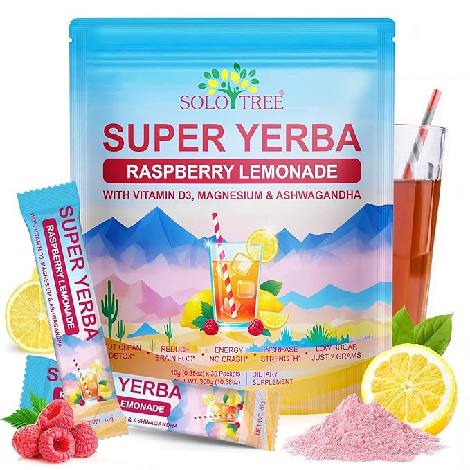 Super Yerba Mate, Yerba Mate Instant Tea Powder ，Low Sugar Content， Clean Energy & Focus Boost，Digestive Support with Antioxidants， Raspberry Lemonade Flavor (30 packs)