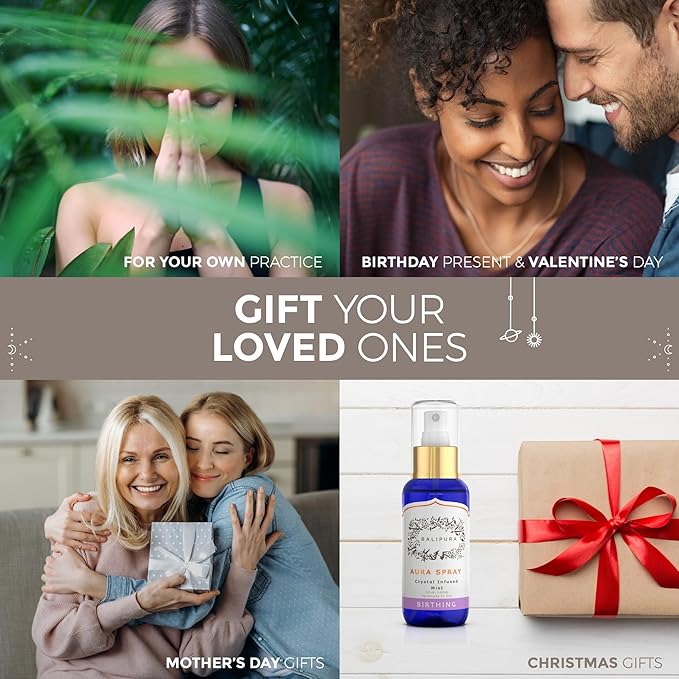 BALIPURA - Birthing Crystal Aura Spray - Sage, Jasmine & Vanilla Essential Oil Blend - Quartz and Amethyst Gemstones - Astra Aromatherapy Mist for Stress Relief, Deep Pillow and Lavender Sleep Spray