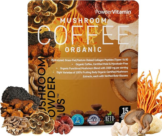 Organic Mushroom Coffee Certified Mold & Mycotoxin Free GrassFed Collagen Types I & III 8 Fruiting Body Mushrooms Tested for BetaGlucans Focus Energy Digestion & Immunity 15 Servings