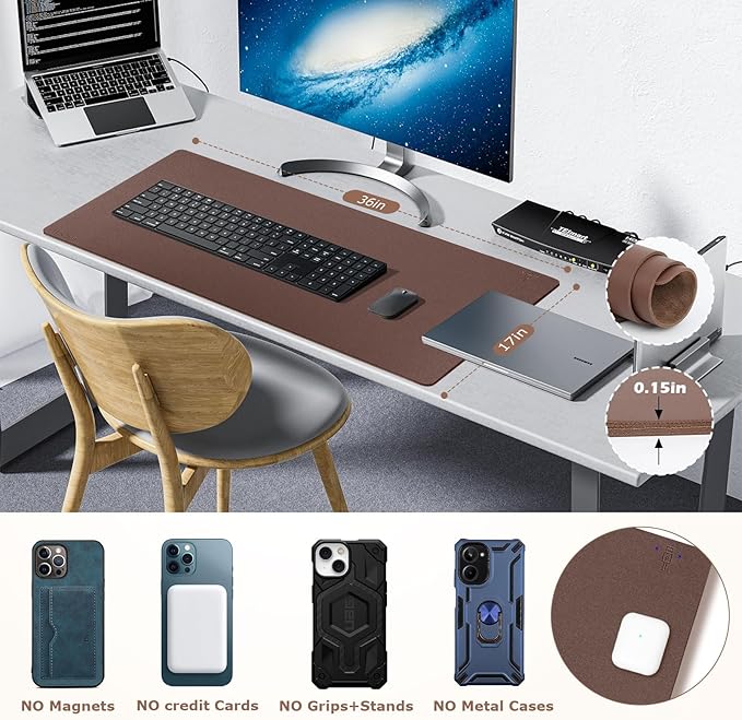 Wireless Charging Mouse Pad Firelison 2 in 1 Leather Multifunctional Office Desk Pad with Non-Slip Rubber Base, Waterproof Desk pad for Computers/Office/Work/Home/Decor（ 36" x 17"Brown - R）