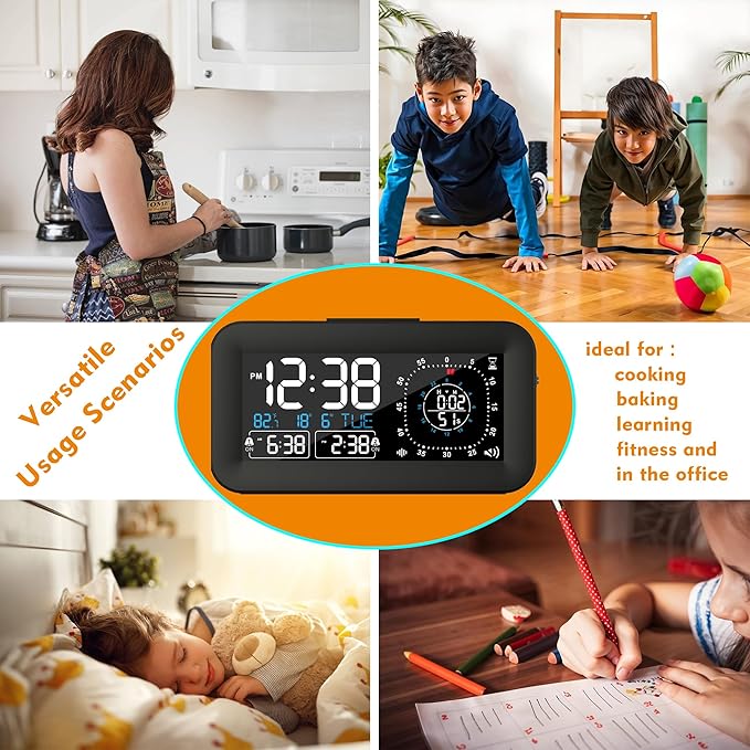 Digital Dual Alarm Clock for Bedroom,Visual Timer Clock for Kids,Dual Display Countdown Stopwatch Timer Dual Alarm Clock, Time Management Station for Homeschooling Teaching Home Kitchen Office (Black)