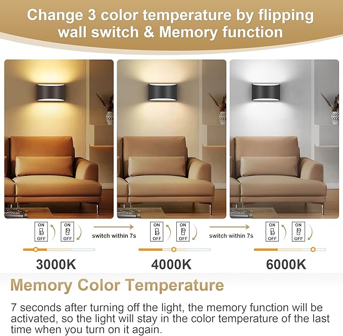 TRLIFE Modern Wall Sconces, 3000K/4000K/6000K Selectable and Dimmable LED Wall Sconce 12W Aluminum Wall Mounted Light Set of 2 Hardwired Wall Sconces for Bedroom Bedside Living Room Hallway(Black,2P)