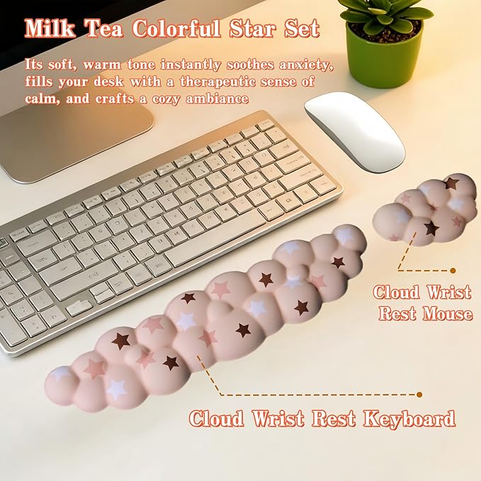 Cloud Wrist Rest Set for Keyboard and Mouse, Includes Cute Coaster, with Computers and Laptops (Milk Tea Colorful Star Set)