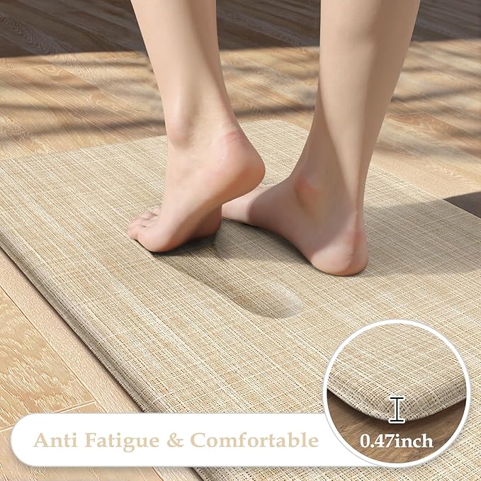 KIMODE Anti Fatigue Kitchen Mats 20"x47"+20"x32", Farmhouse Kitchen Rugs Sets of 2, Cushioned Non Skid Kitchen Mats for Floor, Comfort Kitchen Floor Mats for Sink Laundry Desk Beige