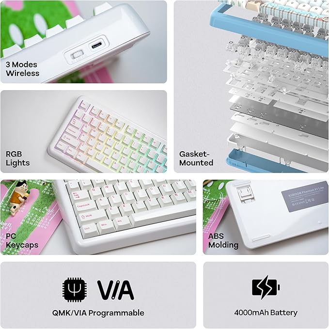 KiiBoom Phantom81 Lite 75% Gasket Mechanical Keyboard, QMK&VIA Programmable, 3 Modes Wireless Gaming Keyboard, RGB Backlights, ABS Case + UV Tech, Hot-Swappable for Windows/Mac/Linux (White)