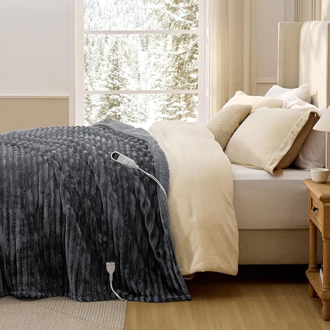 Bedsure Electric Blanket Full Size - Thick Striped Flannel Heated Blanket with 6 Heat Settings, Heating with 10 Time Settings, 8-Hour Timer Auto Shut Off, Gift for Grandma (72x84 inches, Grey)