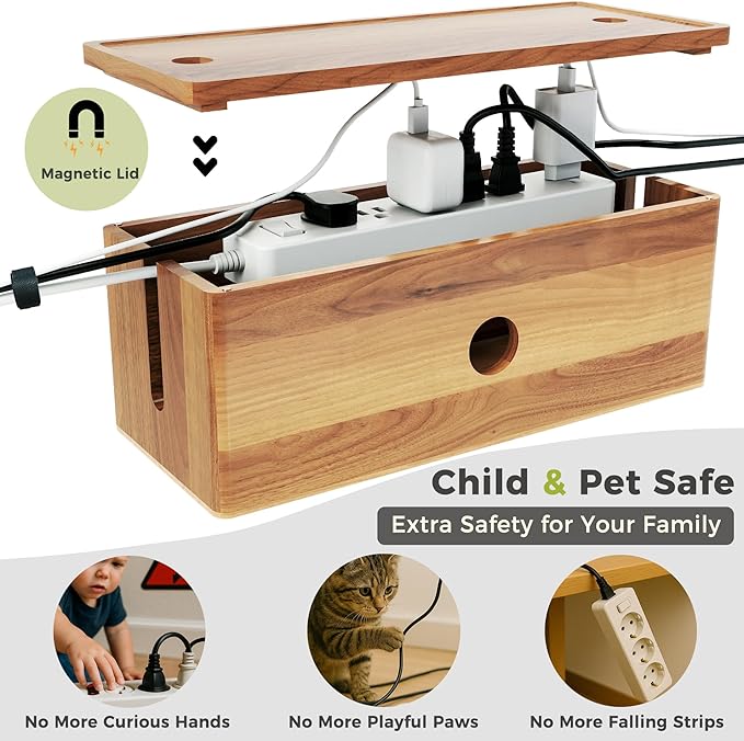Large Cable Management Box, Acacia Wood Cord Organizer Box with Magnetic Removable Lid, 4 Open Slots Desk Organizer, Hides TV Cables, Computer Wires, USB Hub, Power Strip, and Phone Charger