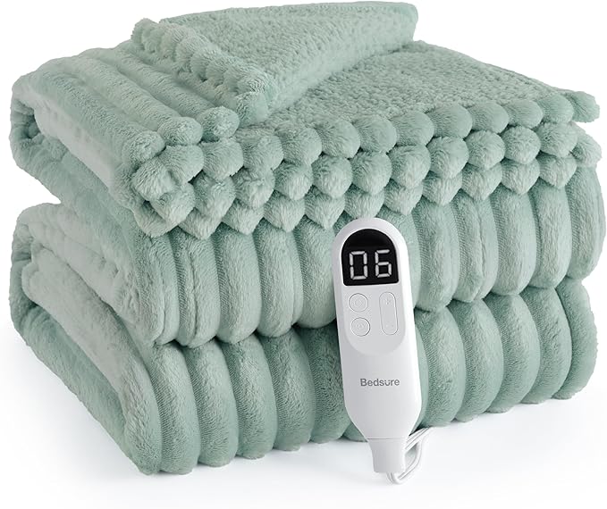 Bedsure Electric Blanket Twin - Thick Striped Flannel Electric Blanket, Heating with 10 Time Settings, 6 Heat Settings, and 8-Hour Timer Auto Shut Off, Gifts for Grandma (62x84 inches, Green)