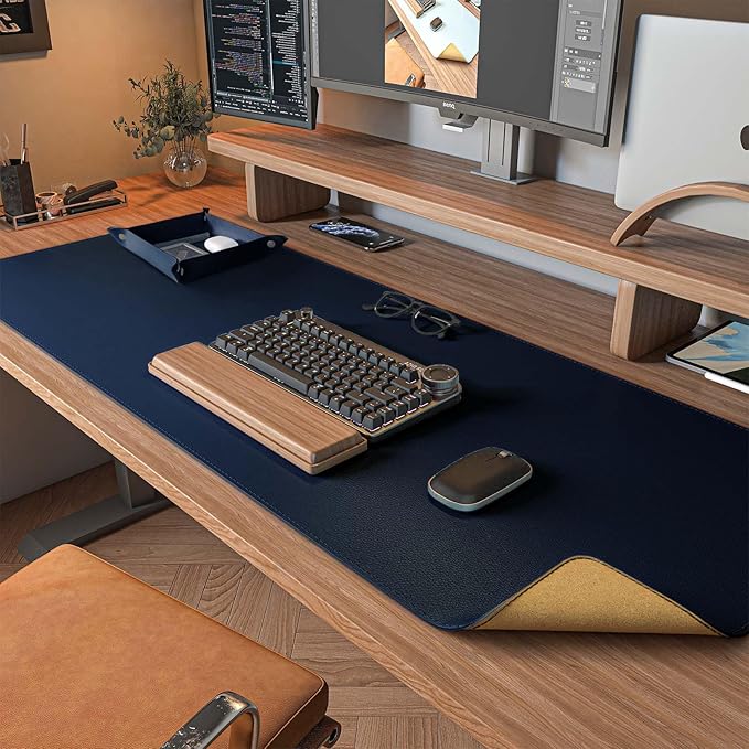 DAWNTREES Dual Sided Desk Mat,Leather Desk Pad,40"x16",Cork Desk Mat Protector,with PU Leather Valet Tray Organizer,Large Mouse Pad,Desk Writing Pad for Office and Home(Dark Blue)