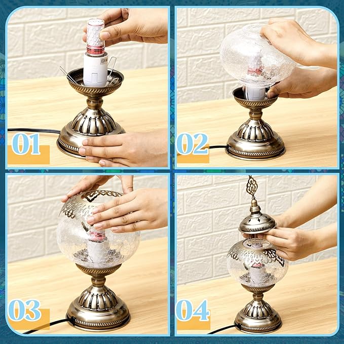 Large Globe Turkish Moroccan Table Lamp Handmade Vintage Moroccan Glass Lampshade Turkish Desk Lamp Bohemian Decorative Night Light for Bedroom, Living Room, LED Bulb Included (Bright)