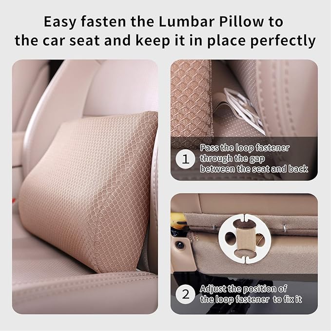 Memory Foam Lumbar Support Pillow for Car - Lower Back Support Cushion for Driving, Back Pain Relief for Car Seat, Office Chair, Wheelchair (Beige)