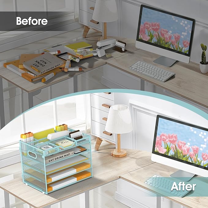 5 Tier Paper Letter Tray with 3 Drop-in Pen Holders, Mesh Desk File Organizer with Handle, Desk Organizers and Accessories for School,Home, Office Supplies Storage-Blue