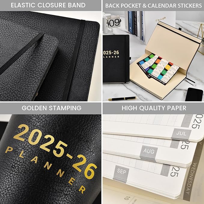 2025-2026 Planner - Academic Planner 2025-2026, July 2025 - June 2025, Weekly and Monthly Planners, 8.5" x 11", Pen Holder, Calendar Stickers, Pocket, Faux Leather Cover -Black