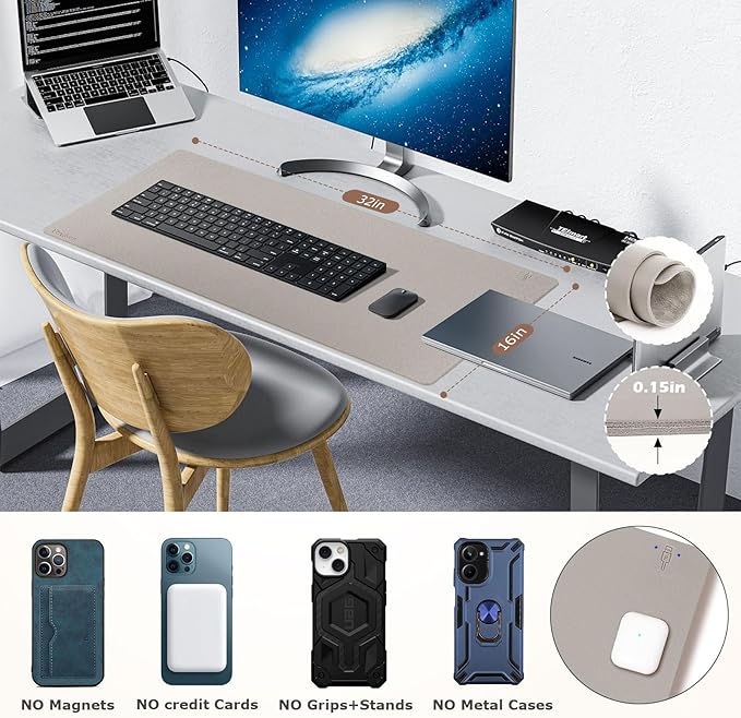 Wireless Charging Mouse Pad Firelison 2 in 1 Leather Multifunctional Office Desk Pad with Non-Slip Rubber Base, Waterproof Desk pad for Computers/Office/Work/Home/Decor（ 32" x 16"Grey - L）