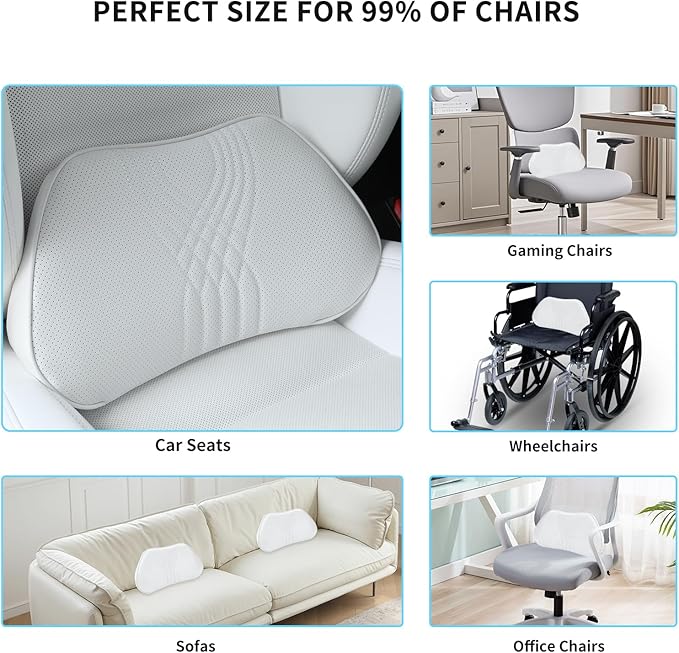 Lumbar Support Pillow for Car Seat, Office Chair Leather Memory Foam Lower Back Cushion for Back Pain Relief Improve Posture, Ergonomic Back Rest for Gaming Chair, White, 1PC