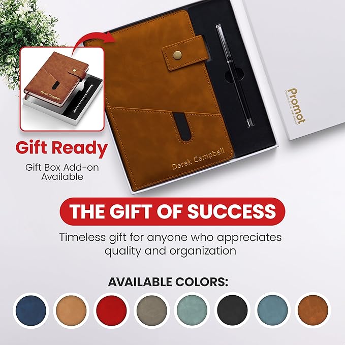 Promot Personalized Notebook - A5 Lined Leather Bound Journal for Writing Women Men - Hardcover Executive Notebook, Daily Journal, Travel Diary, Gift Idea, Custom Embossed Text with Gold Metallic Foil