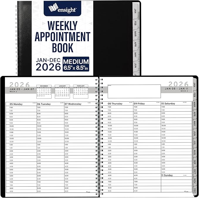 Ensight 2026 Appointment Book & Planner Ensight 6.5 x 8.5 inches Large Tabbed Daily Hourly Weekly Planner Schedule Book 30 Minute time Slots Business & Personal Planner Jan 2026 Dec 2026 Black