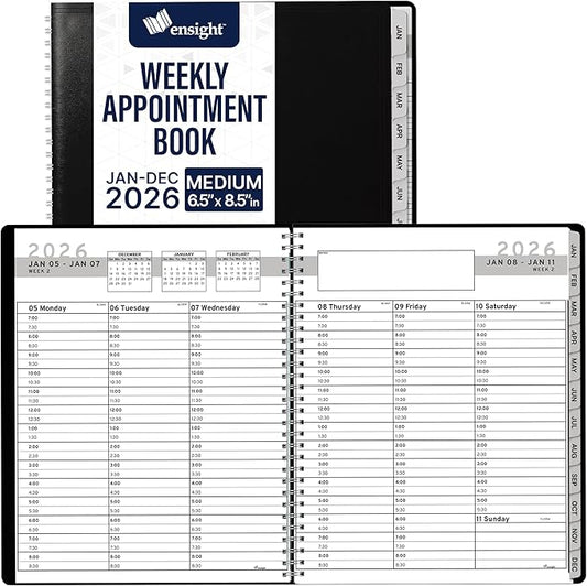 Ensight 2026 Appointment Book & Planner Ensight 6.5 x 8.5 inches Large Tabbed Daily Hourly Weekly Planner Schedule Book 30 Minute time Slots Business & Personal Planner Jan 2026 Dec 2026 Black