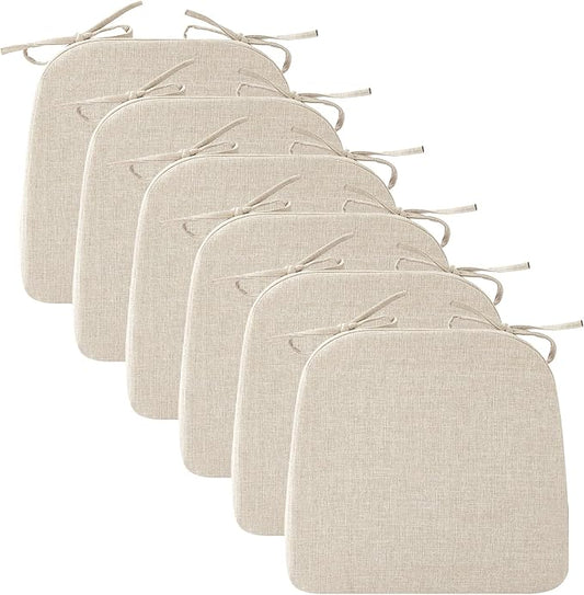 Chair Cushions for Dining Chairs, 2" Thick Seat Cushions for Kitchen Chairs, D-Shaped Chair Pads with Washable Cover, Ties and Non Slip Backing, 17'' x 16'', Set of 6, Beige