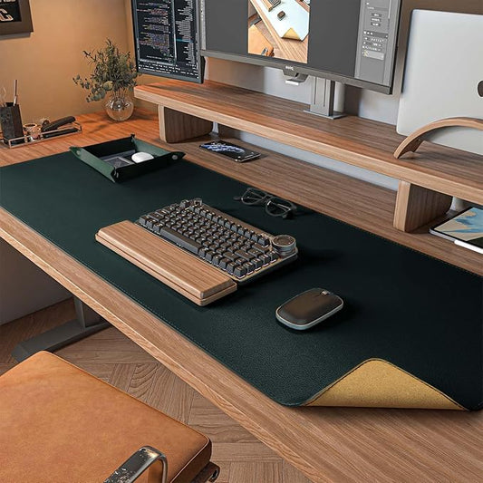DAWNTREES Dark Green Desk Mat,Leather Desk Pad,40"x16",Cork Desk Mat Protector,with PU Leather Valet Tray Organizer,Large Mouse Pad,Desk Writing Pad for Office and Home
