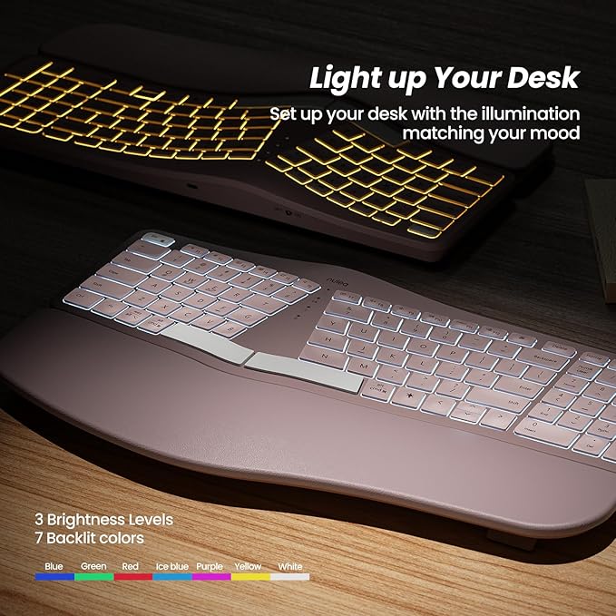 Nulea RT05 Wireless Ergonomic Keyboard, Split Keyboard with Wrist Rest, USB-C Charging, 7-Color Backlight, Natural Typing, Bluetooth and USB Connectivity, Compatible with Windows,Mac(Pink)