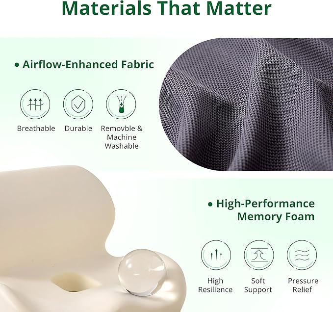 One-Piece Memory Foam Seat & Back Cushion - Lumbar Support, Adjustable Strap, Non-Slip Bottom - Breathable Removable Cover for Office Chair, Car, Truck (Grey)