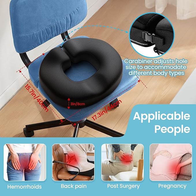 Benazcap Donut Pillow Seat Cushion for Tailbone Pain Relief, Strong Support Memory Foam Hemorrhoid Pillow by Ergonomic for Coccyx, Sciatica, Pregnancy, Postpartum