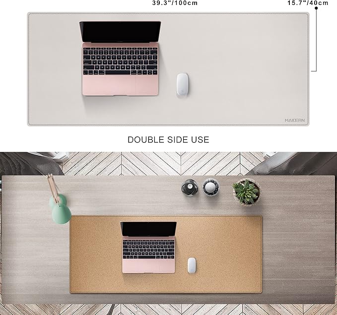 MAIDERN 40" x 16" Reversible XXL Cork & Leather Desk Pad, Full Desk Mat Protector for Gaming Home Office (Cream)