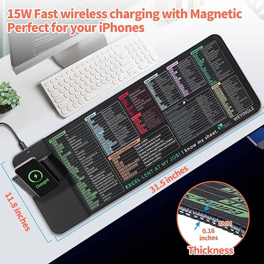 Wireless Charging Mouse Pad with Foldable Phone Stand &Excel Shortcut Keys 15W Qi Fast Charging Desk Mat XXL Non-Slip Surface for Gaming/Office, Compatible with Qi-Enabled Phones (31.5x11.8x0.16inch)