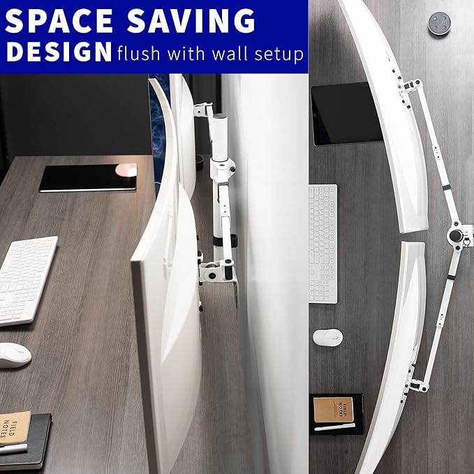 VIVO Premium Dual Ultra Wide LCD LED 27 to 38 inch Monitor Desk Mount, Heavy Duty, Adjustable Telescoping Arms, Flush Wall Setup, Fits 2 Screens, White, STAND-TS38CW