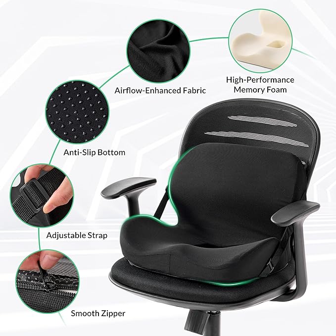 Memory Foam L-Shaped Seat Cushion with Lumbar Support & Adjustable Strap - Tailbone Pain Relief for Office Chair, Car, Home - Non-Slip Bottom, Breathable Mesh Cover (Black)