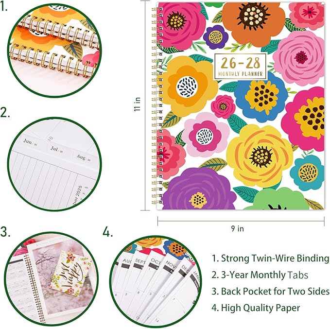 2026-2028 Monthly Planner - 3 Year Planner 2026-2028, Jan.2026 - Dec.2028, 36 Monthly Tabs, Inner Pocket - Floral