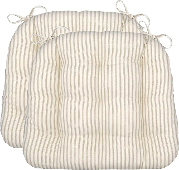 Barnett Home Decor Dining Chair Cushions, 16.5 x 18, Pack of 2 – Ticking Stripe Natural – 100% Cotton, Latex Foam Fill