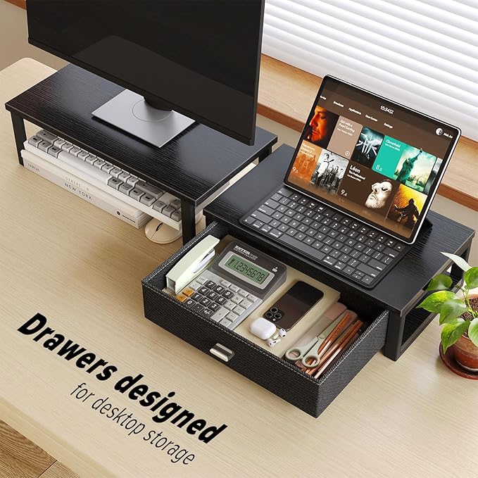 WOHOMO Dual Monitor Stand Riser with Drawers, Desk Organizers for 2 Monitors, Desktop Storage Stand for Computer,Laptop,Black
