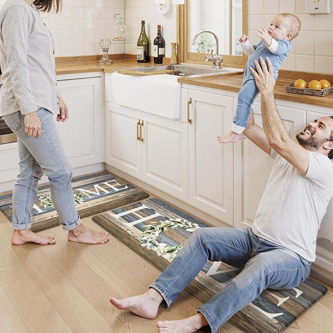 KIMODE Farmhouse Kitchen Mats for Floor 2 Piece,Cushioned Anti Fatigue Rugs Non Slip,Memory Foam Waterproof Carpet for Sink Laundry Office Bathroom,Blue 17"x47"+17"x29"