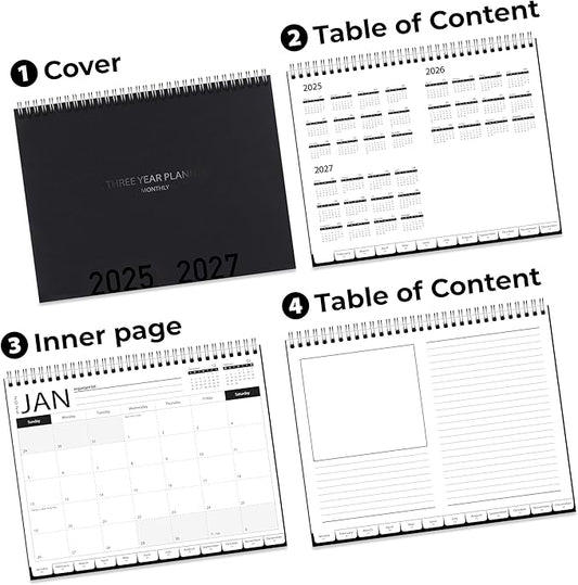 3-Year Calendar Planner, 2025-2027 Monthly Schedule Organizer Flip Calendar Diary with Tabs, Spiral Bound Top, Black, 8.5 x 11 Inches