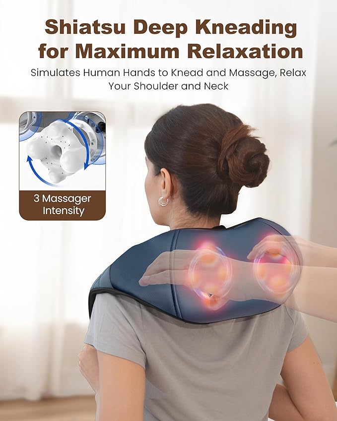 Cordless Neck Massager for Pain Relief Deep Tissue, Shiatsu Neck and Back Massager with Heat, Portable Kneading Shoulder Massager, Gifts for Men Women Dad Mom