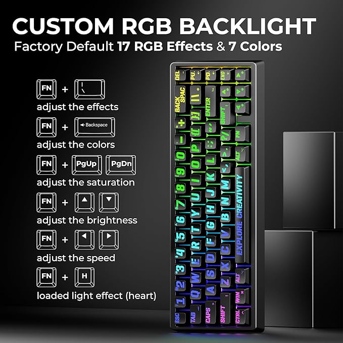 x XVX M67 Wireless 60% Percent Keyboard, QMK/VIA Topographic Gaming Keyboard, Tri-Mode Thocky Creamy Mechanical Key board, Hot Swappable Gasket Mount RGB IMD Tech for Win/Mac, Miami Theme, Black