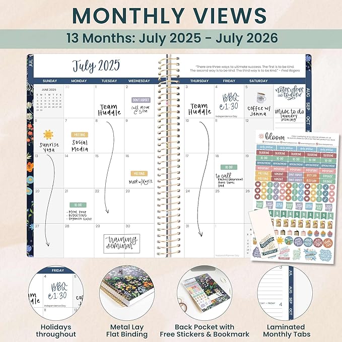 bloom daily planners 2025-2026 Academic Year Daily Planner (July 2025 - July 2026) - A5 Weekly & Monthly Calendar Agenda Organizer Book with Stickers - 5.5" x 8.25" - Garden Party, Navy