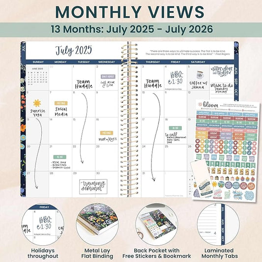 bloom daily planners 2025-2026 Academic Year Daily Planner (July 2025 - July 2026) - A5 Weekly & Monthly Calendar Agenda Organizer Book with Stickers - 5.5" x 8.25" - Garden Party, Navy