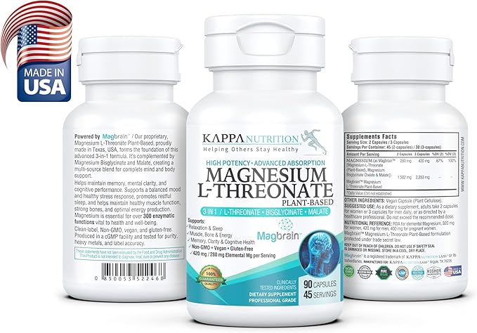 Kappa Nutrition Magbrain™ Magnesium L-Threonate Plant-Based, 420mg Elemental Magnesium (3 Capsules) from 2,253mg, 90 Vegan Capsules, Brain, Sleep & Muscle Support.