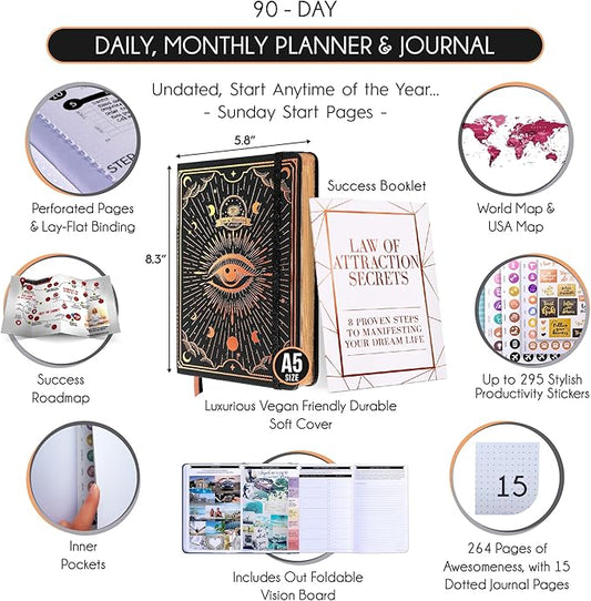 Law of Attraction Life & Goal Planner - A 90 Day Journey Creating Your Dream Life - Personal Gratitude Journal, Week Success Planner, Vision Board & Organizer + Planner Stickers, Undated