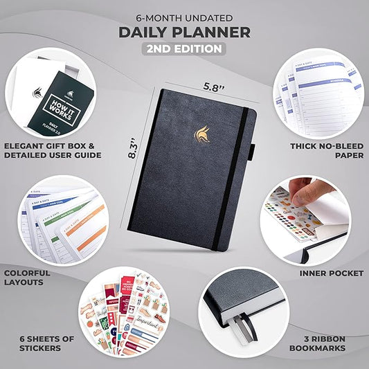 Clever Fox Daily Planner 2nd Edition – Undated Time Block Task Organizer with Hourly Schedule & To-do list – A5, 6 Months (Silver Black)